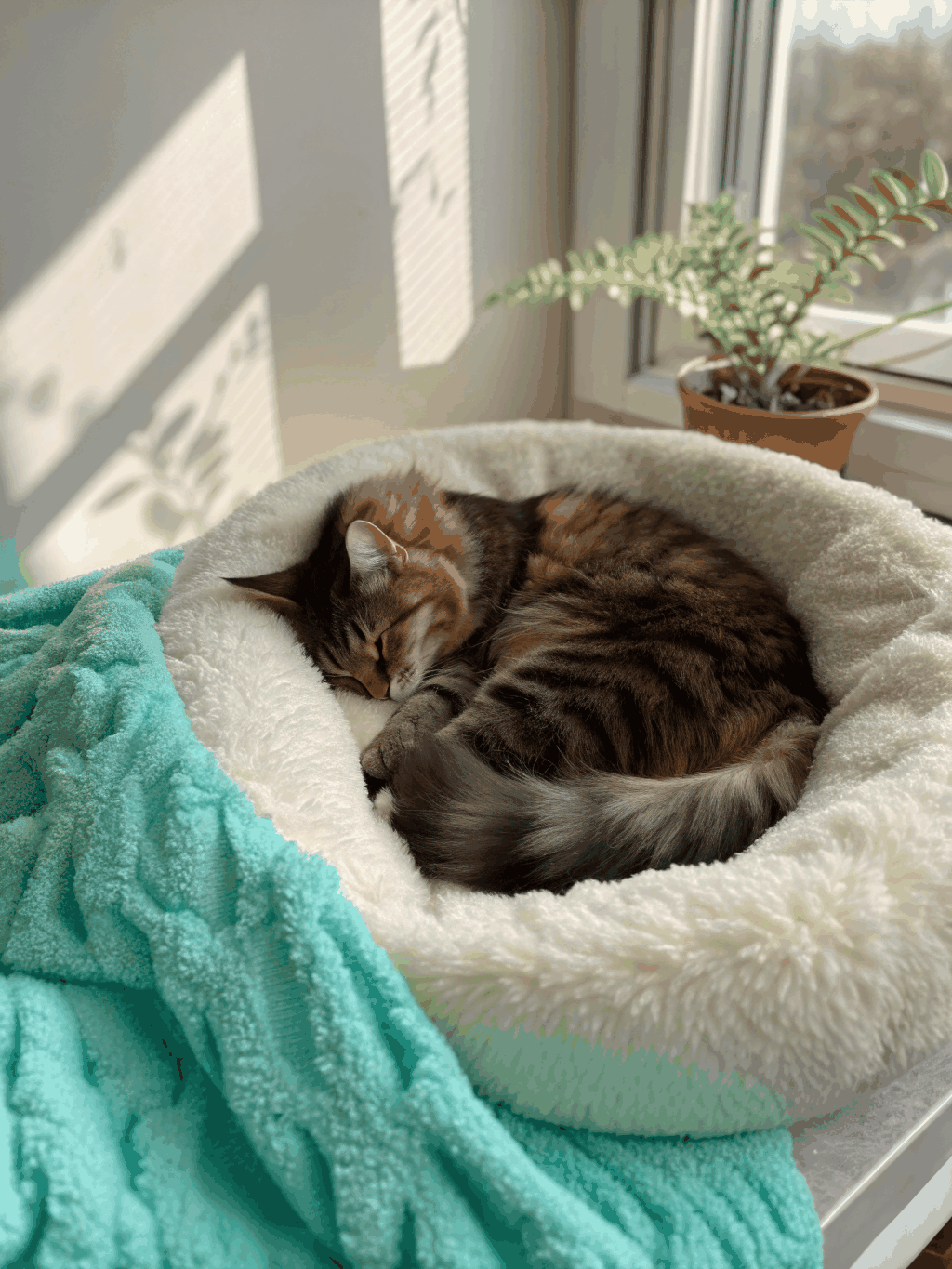 A fluffy white cat curled up sleeping on a soft velvet cushion